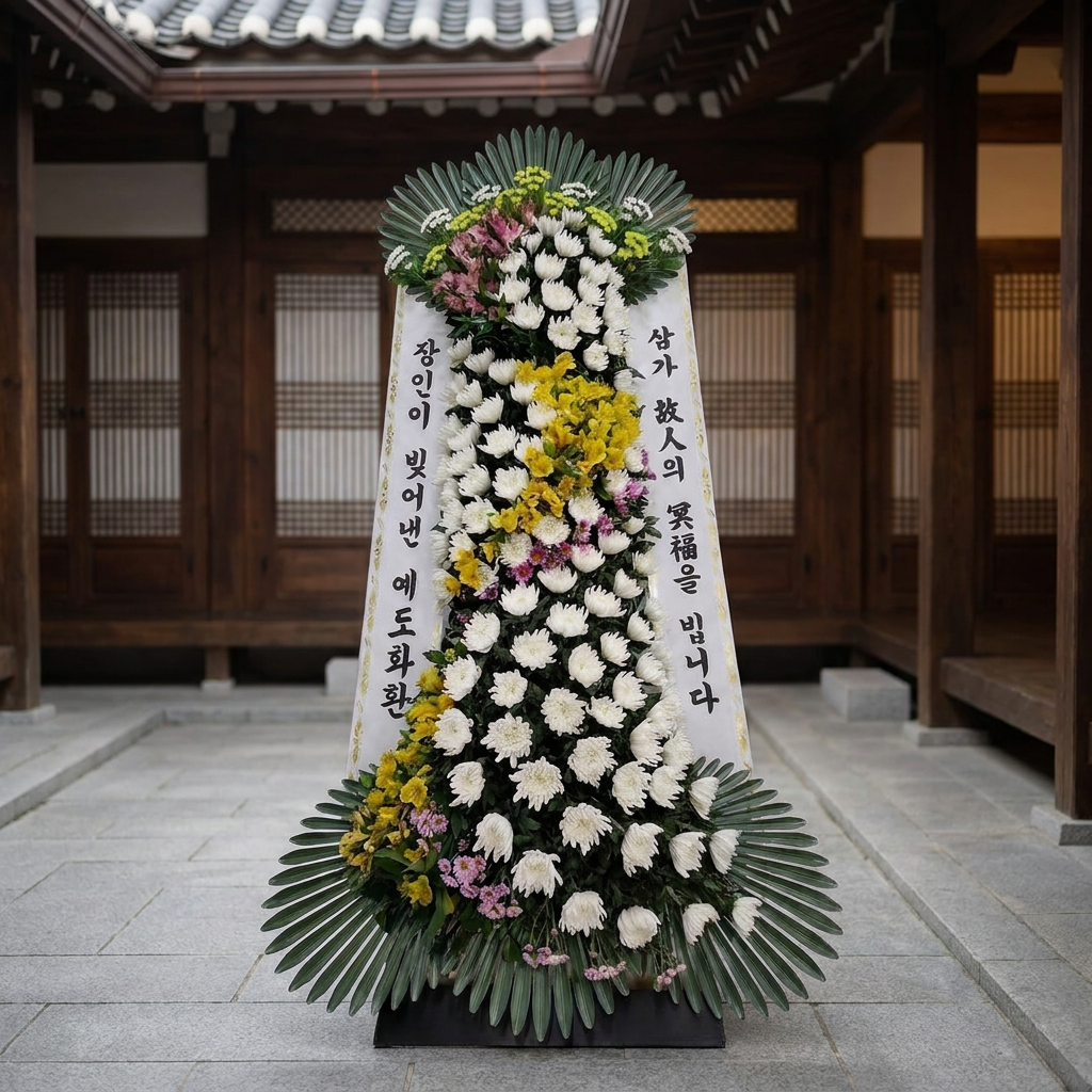 예도화환 등급별 일반 근조화환(기본/고급/Deluxe) 정면 볼륨 및 꽃꽂이 밀도 비교 사진
