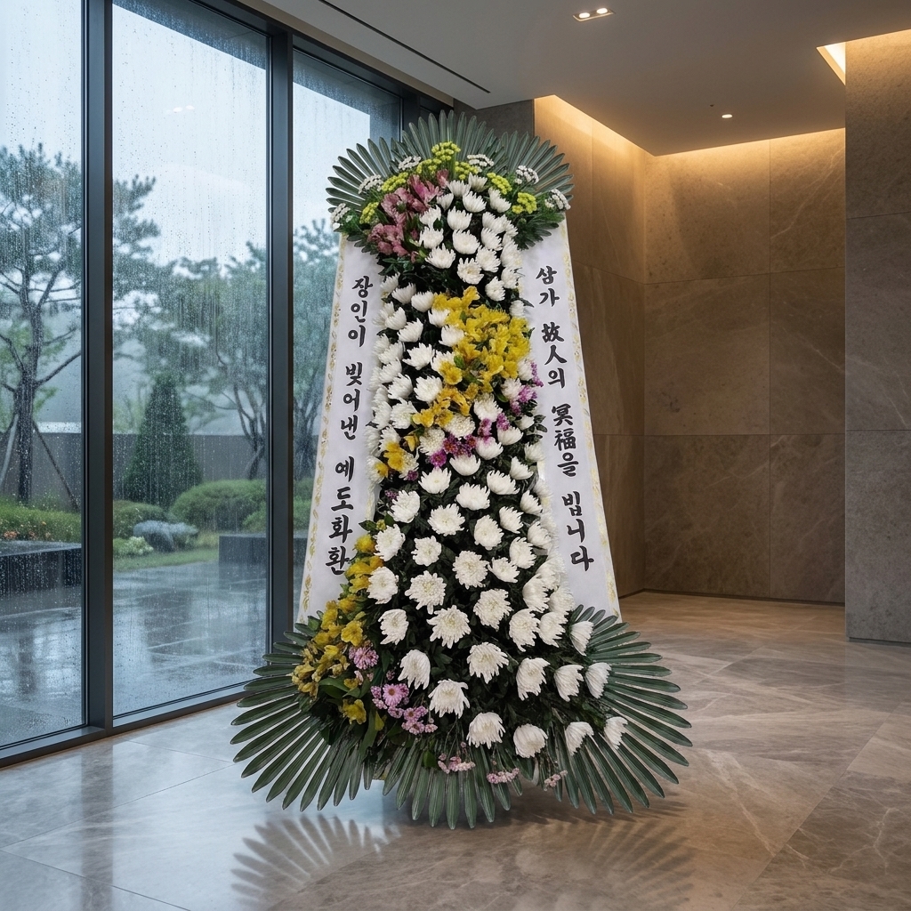 예도화환 보급형·기본형·고급형·특고급형 정면 볼륨과 액자형 리본 구조 비교