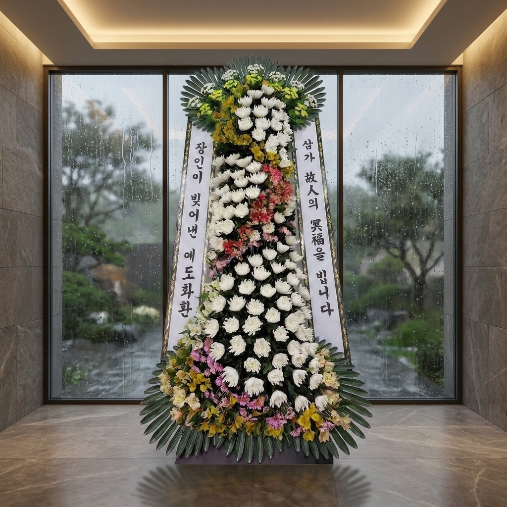 예도화환 리본 문구 정렬 및 부착 상태 확인 완료 사진 예시