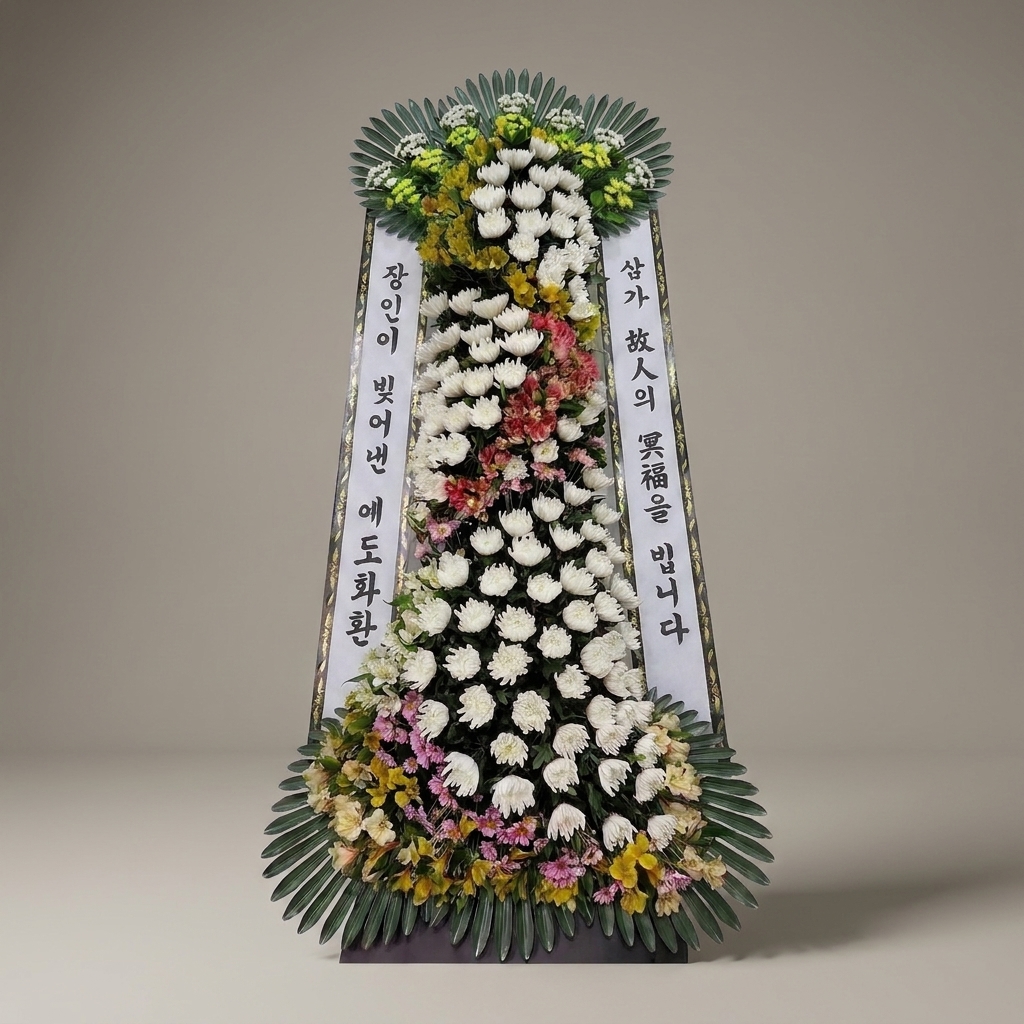 예도화환 일반 3단 근조화환 고급형(99,000원)과 Deluxe형(119,000원)의 정면 볼륨감 비교 사진