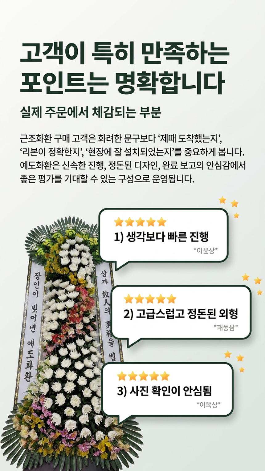 예도화환 강원 홍천군 홍천읍 장례식장에 배송되는 고급 일반 근조화환 정면 사진 예시