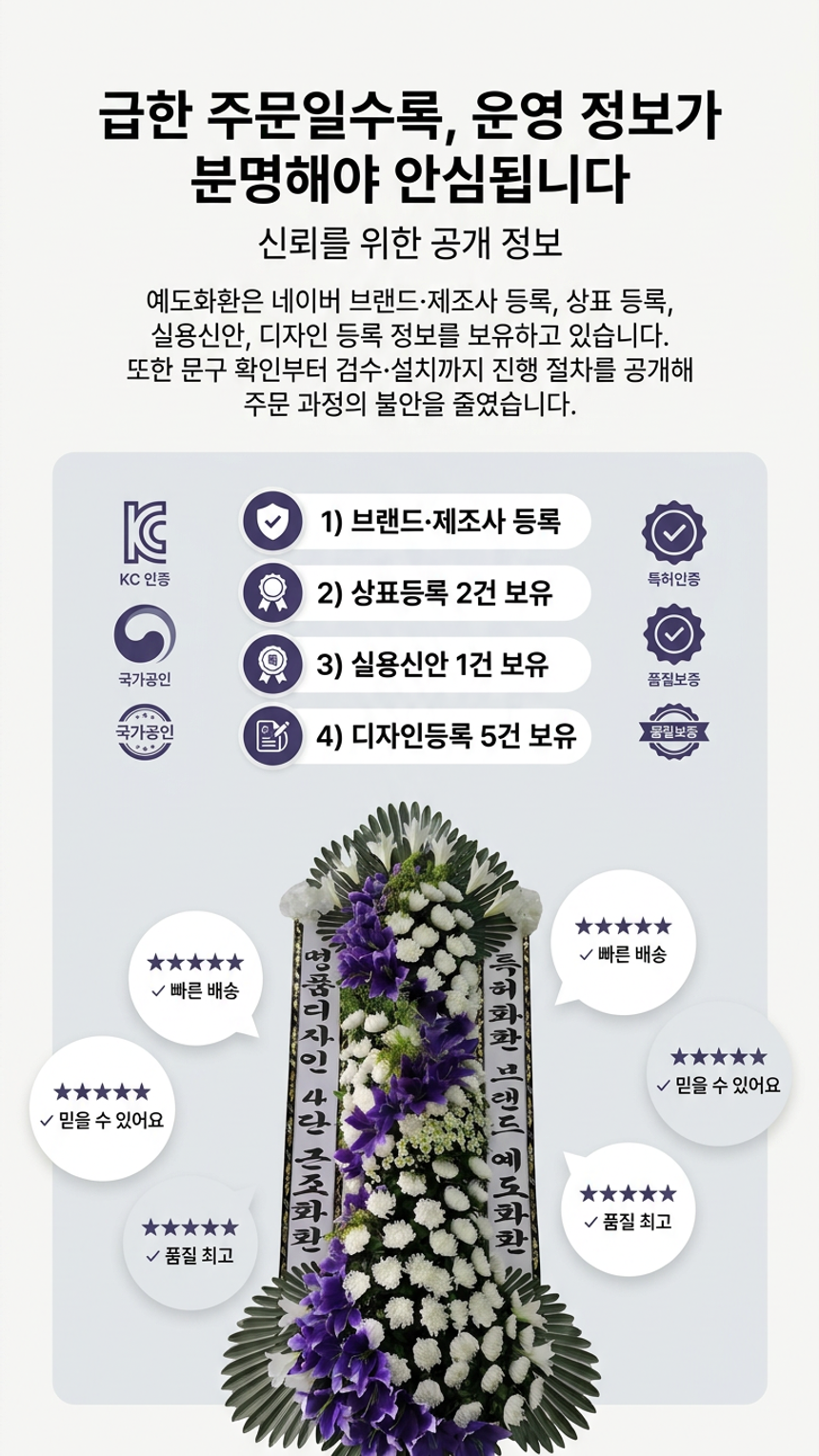 예도화환 특허명품근조 보급형(15만)과 고급형(25만) 정면 볼륨 비교 사진