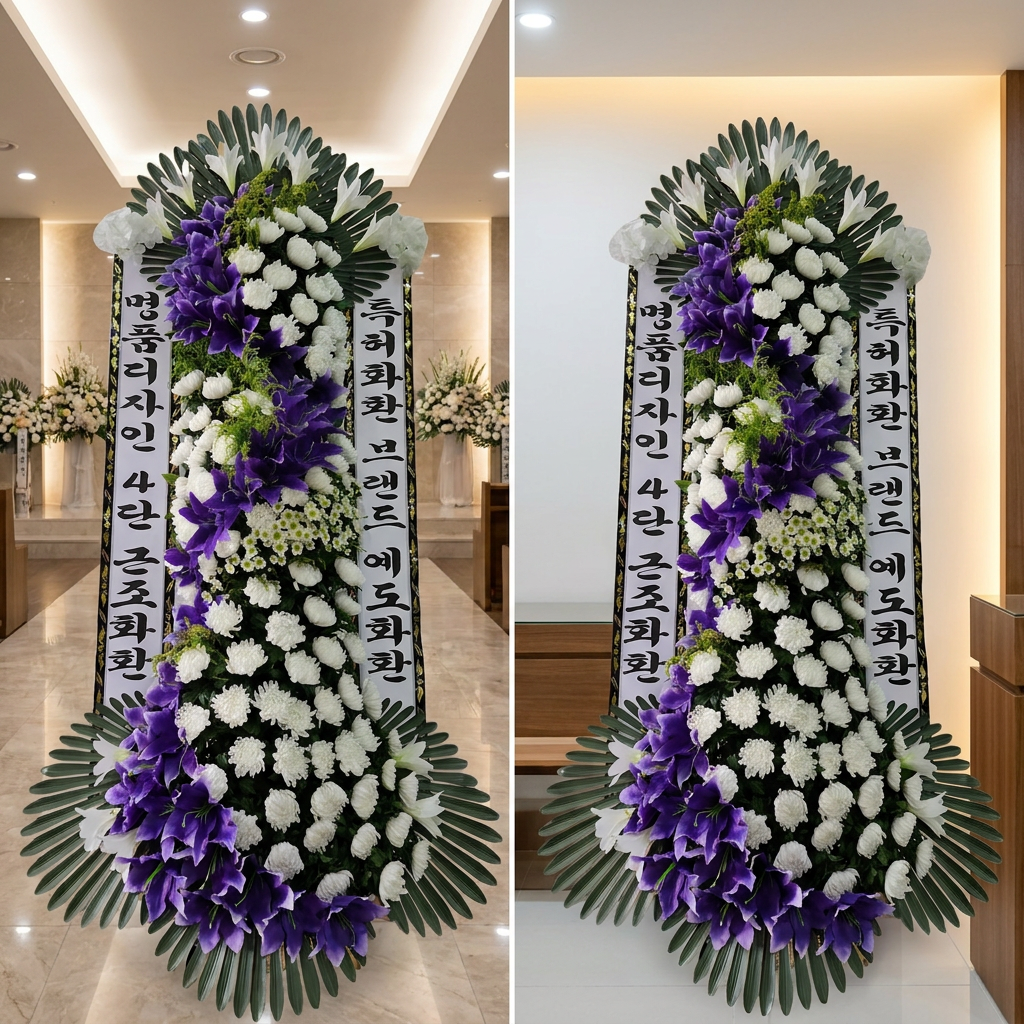 예도화환 일반 3단 등급별 볼륨과 리본 정렬 비교
