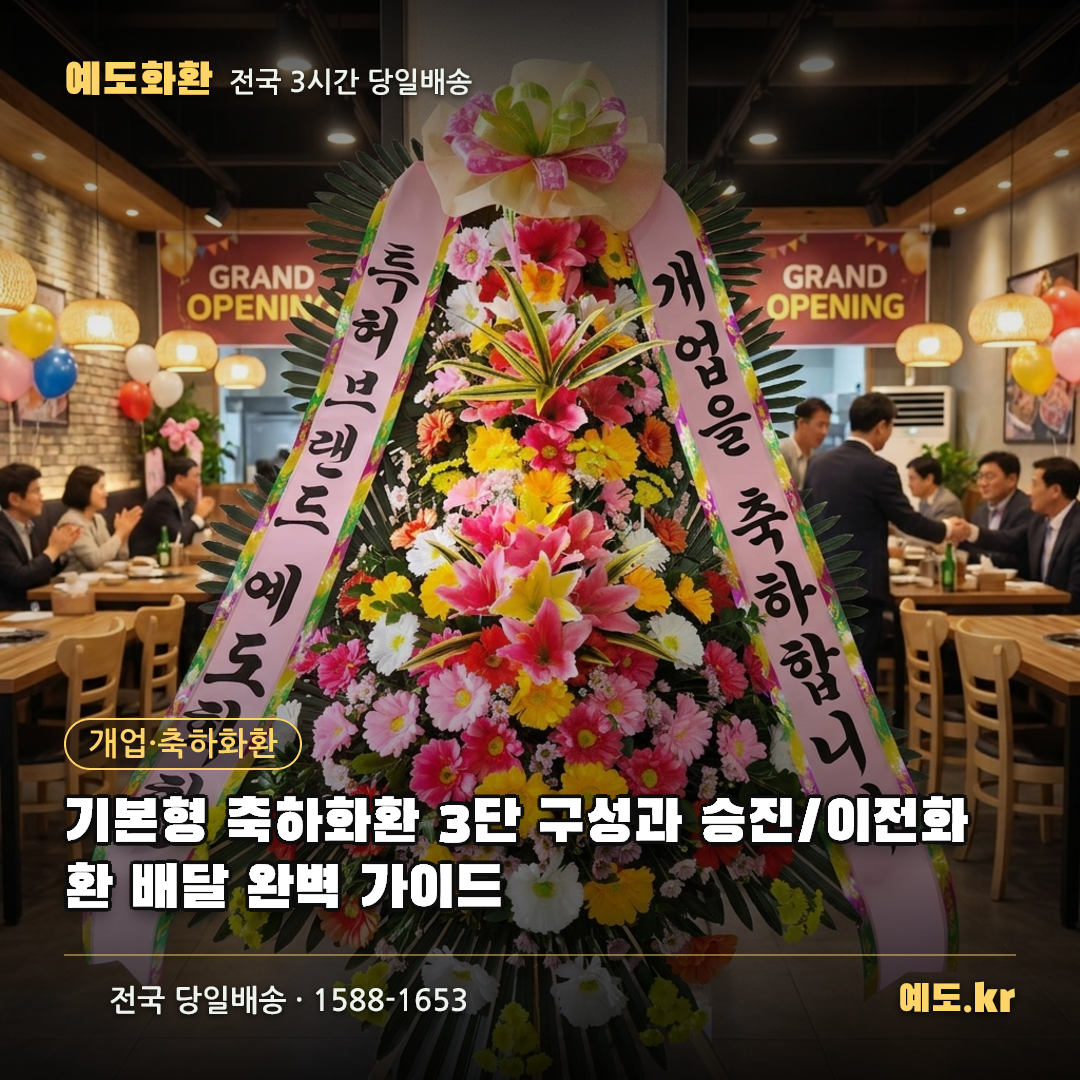 기본형 축하화환 3단 구성과 승진/이전화환 배달 완벽 가이드 - 예도화환