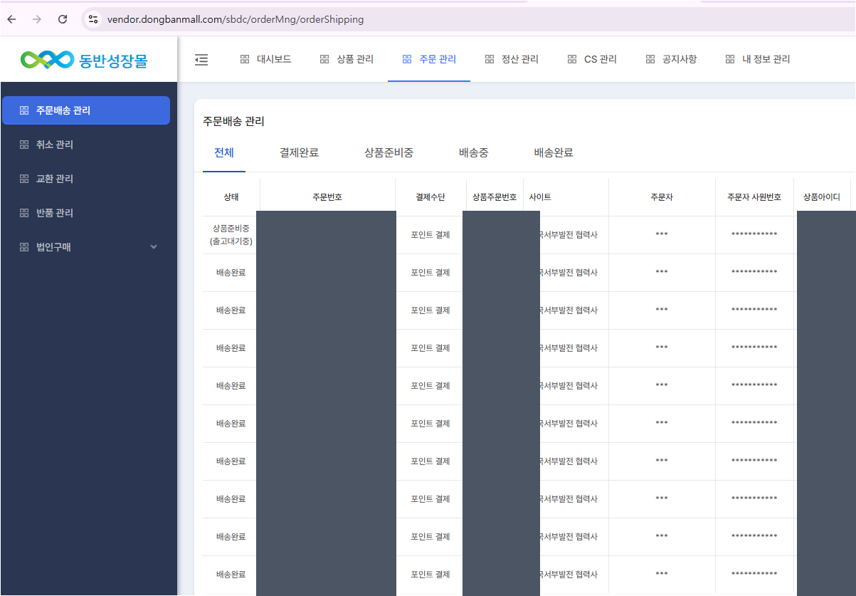 2026년 8월 11일 기준 동반성장몰 판매자 주문관리 화면 — 상품준비중·배송완료 상태의 주문 이력, 개인정보 마스킹